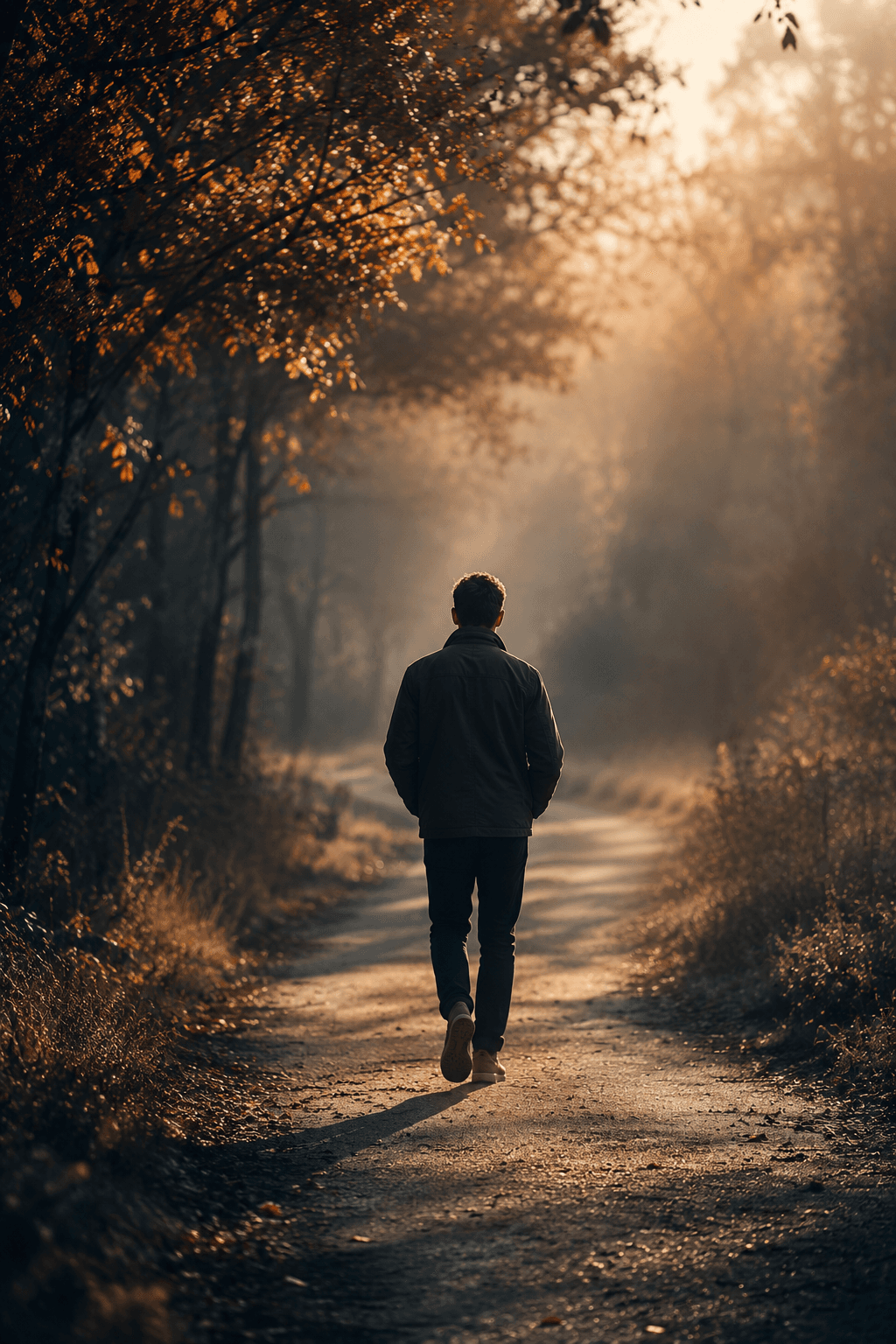 A person walking outdoors in soft natural light — walking activates the Default Mode Network and boosts creative thinking