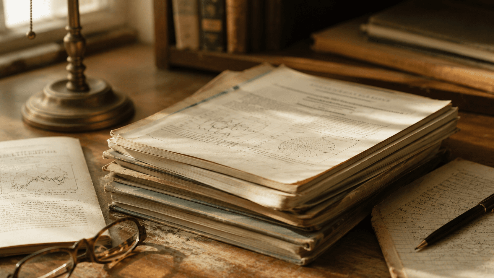 Stack of vintage scientific journals and notebooks on a wooden desk with brass lamp and reading glasses — sepia archive aesthetic