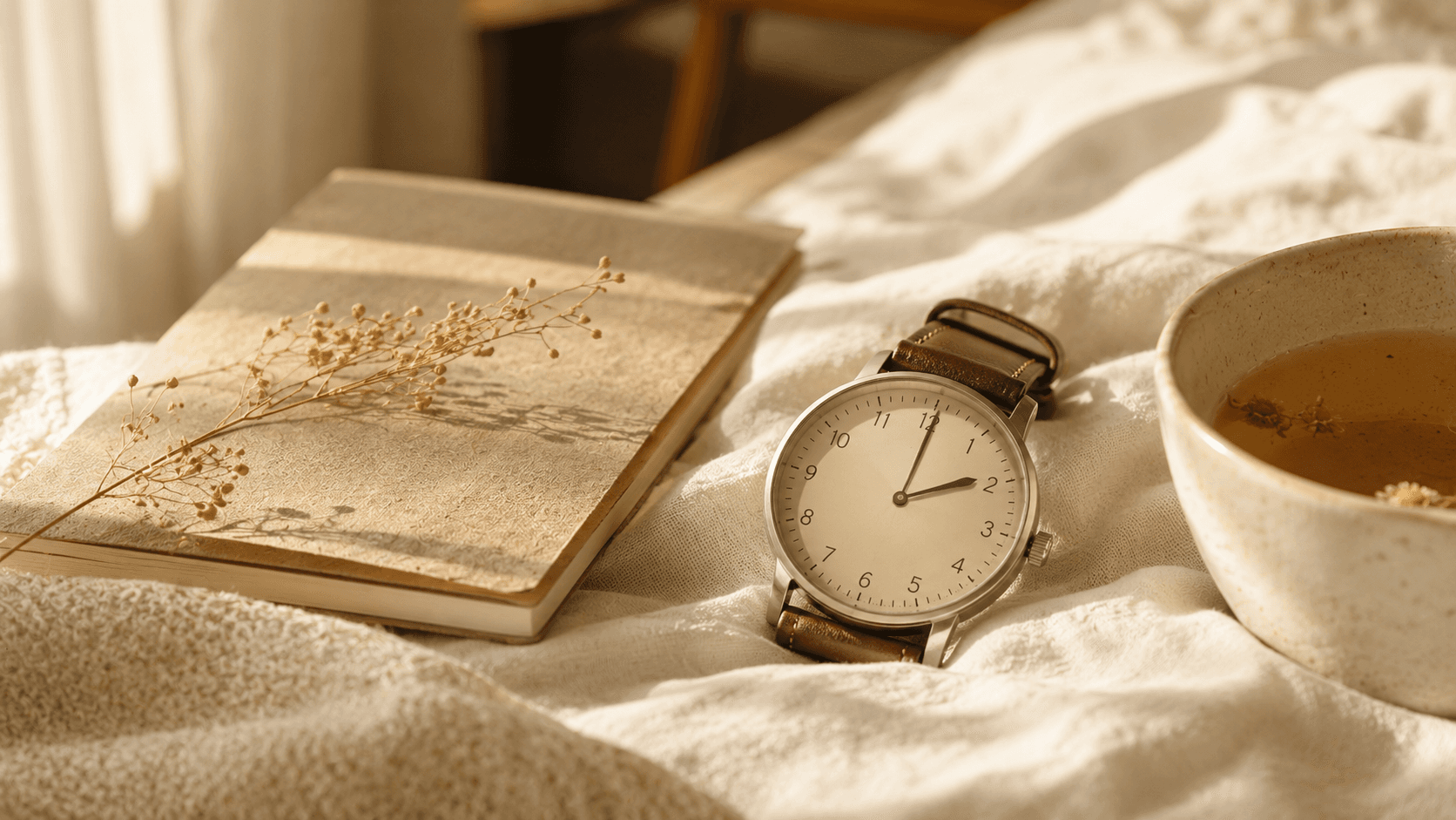 Minimalist analog wristwatch resting on cream linen with dried flowers and a cup of herbal tea — soft afternoon light