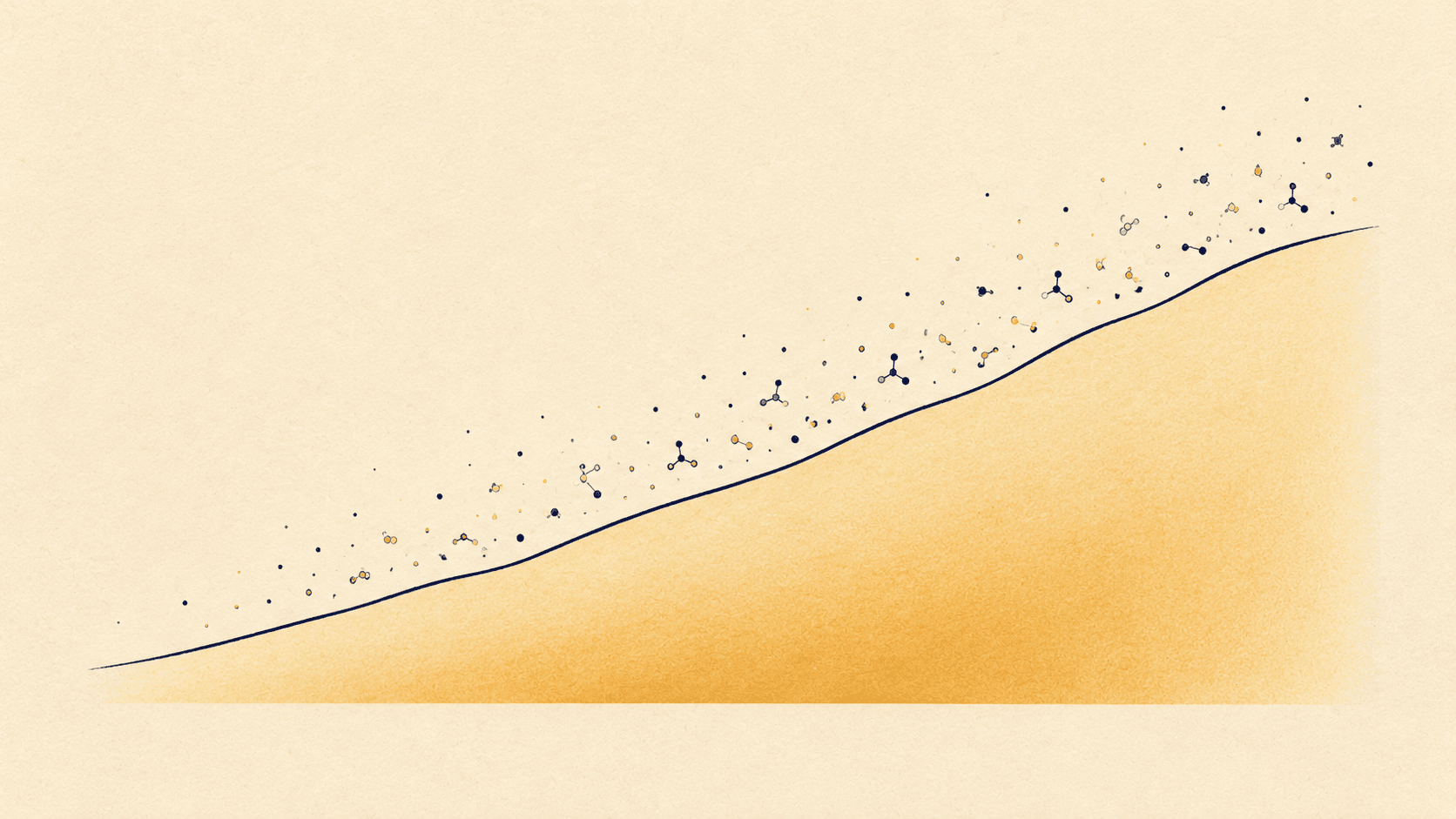 Rising slope from left to right showing adenosine molecules accumulating throughout the day — abstract representation of homeostatic sleep pressure building