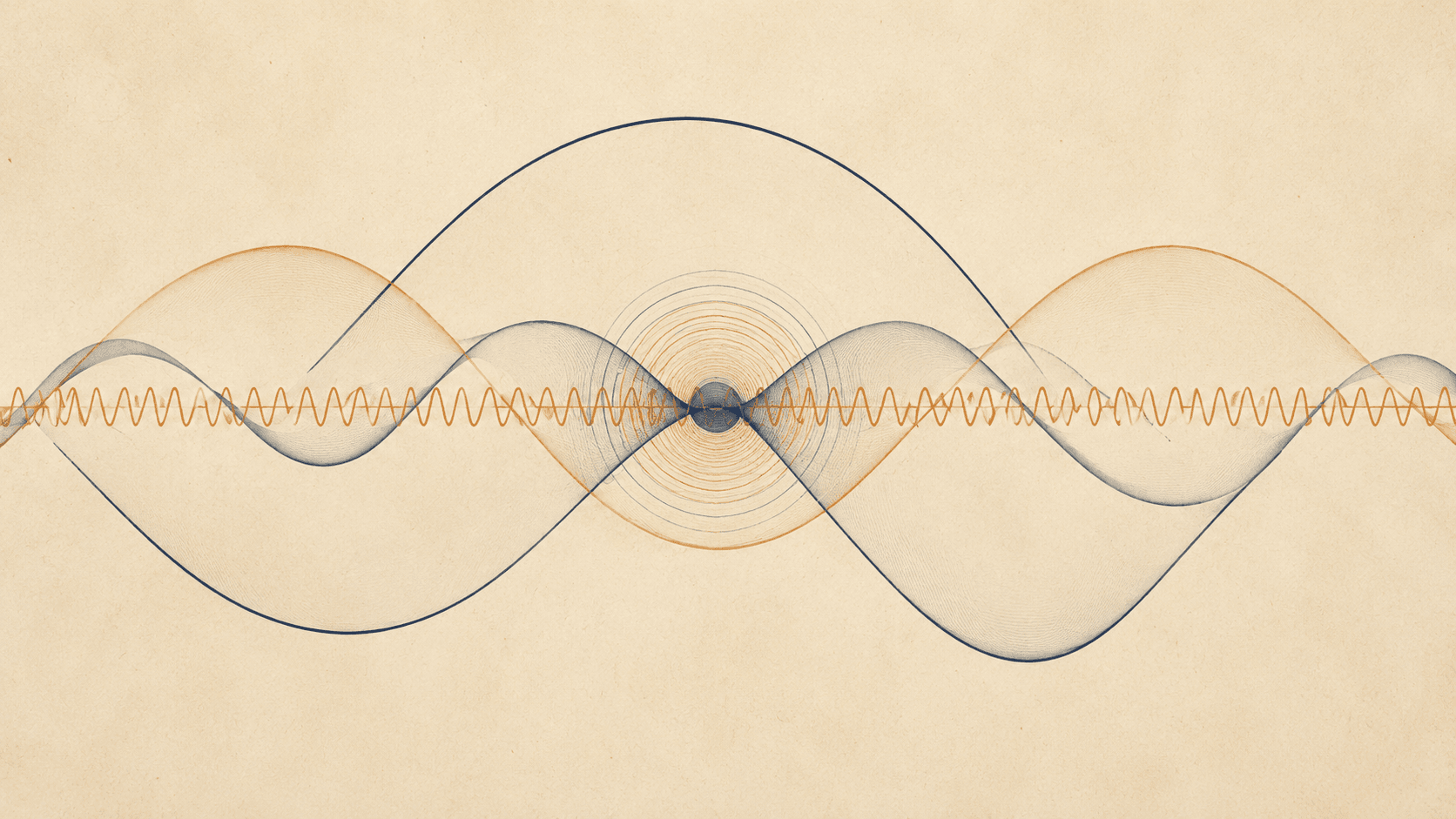 Three overlapping biological wave patterns converging at a central point — abstract representation of the circadian, homeostatic, and ultradian forces meeting at 3 PM