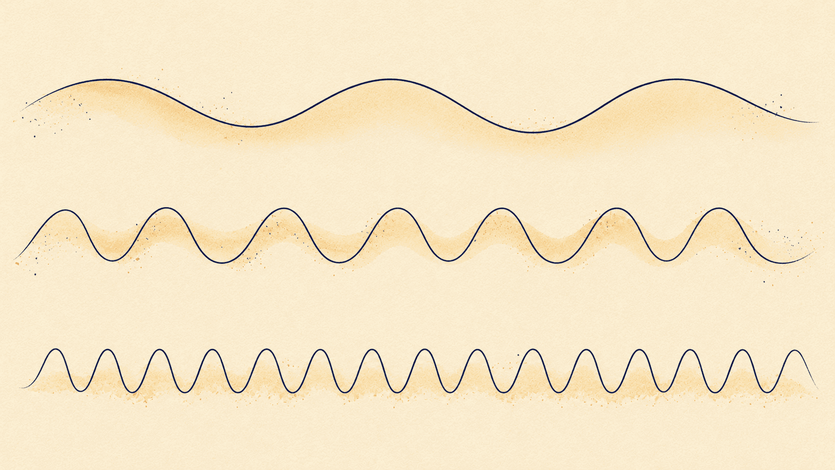 Multiple overlapping wave patterns of varying amplitude on cream paper — abstract representation of ultradian rhythms in deep navy and dusty rose