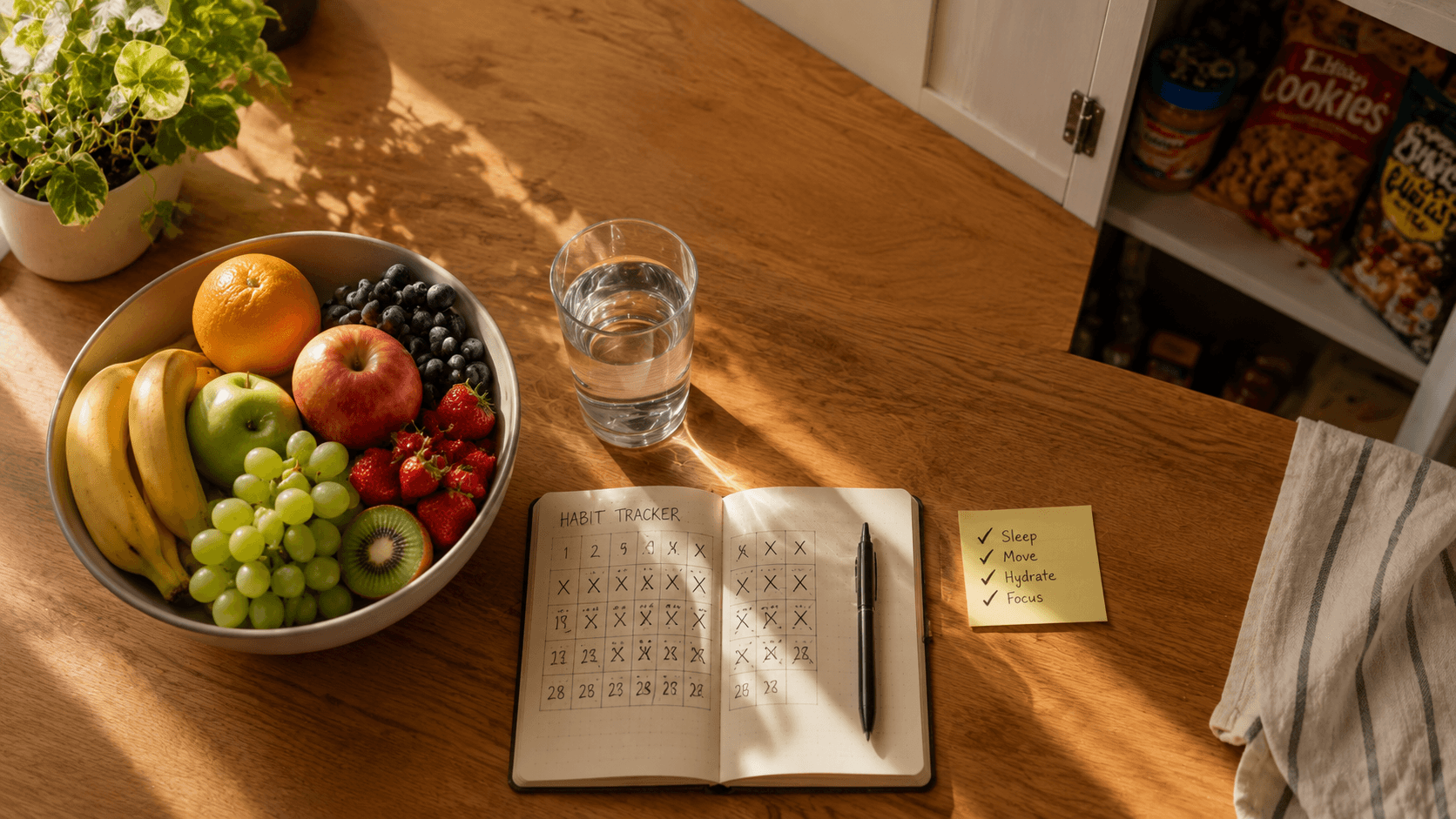 Organized kitchen counter with fresh fruit and healthy food — representing environment design and behavioral architecture for better daily habits