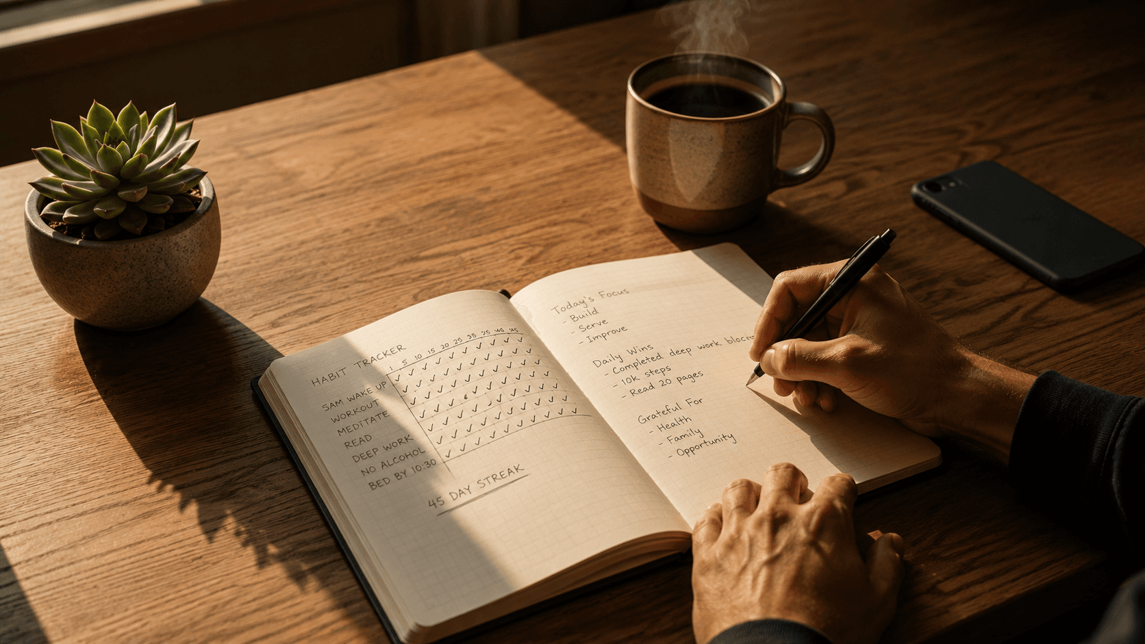 Person working focused at a bright organized desk with coffee and notebook — representing optimized daily habits and sustainable performance