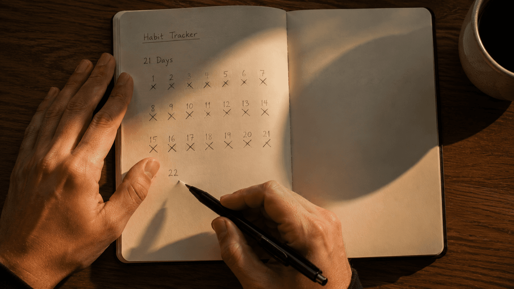 Person journaling at a wooden desk in soft morning light — representing the science of daily habit formation and behavior change