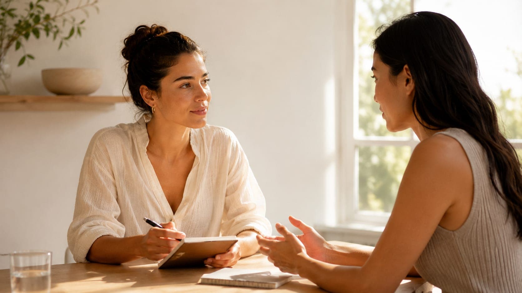 Two women in a warm, well-lit consultation setting, one taking notes and listening attentively while the other explains her experience, representing informed and integrated PMOS care
