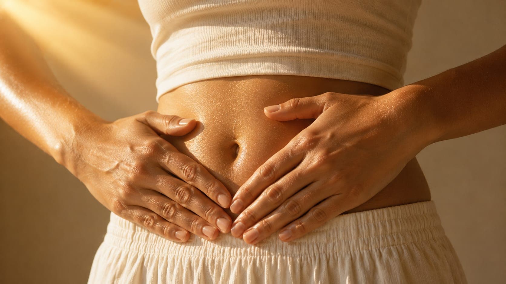 A woman's hands pressed gently against her lower abdomen in warm golden morning light, representing awareness of the body's internal hormonal and metabolic systems in PMOS
