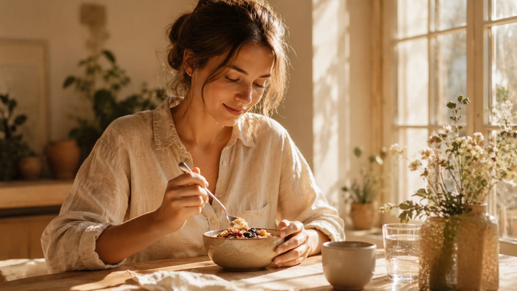 A woman sitting at a wooden table near a sunlit window, eating slowly and peacefully from a ceramic bowl of oatmeal with berries, morning light streaming in, calm and unhurried atmosphere