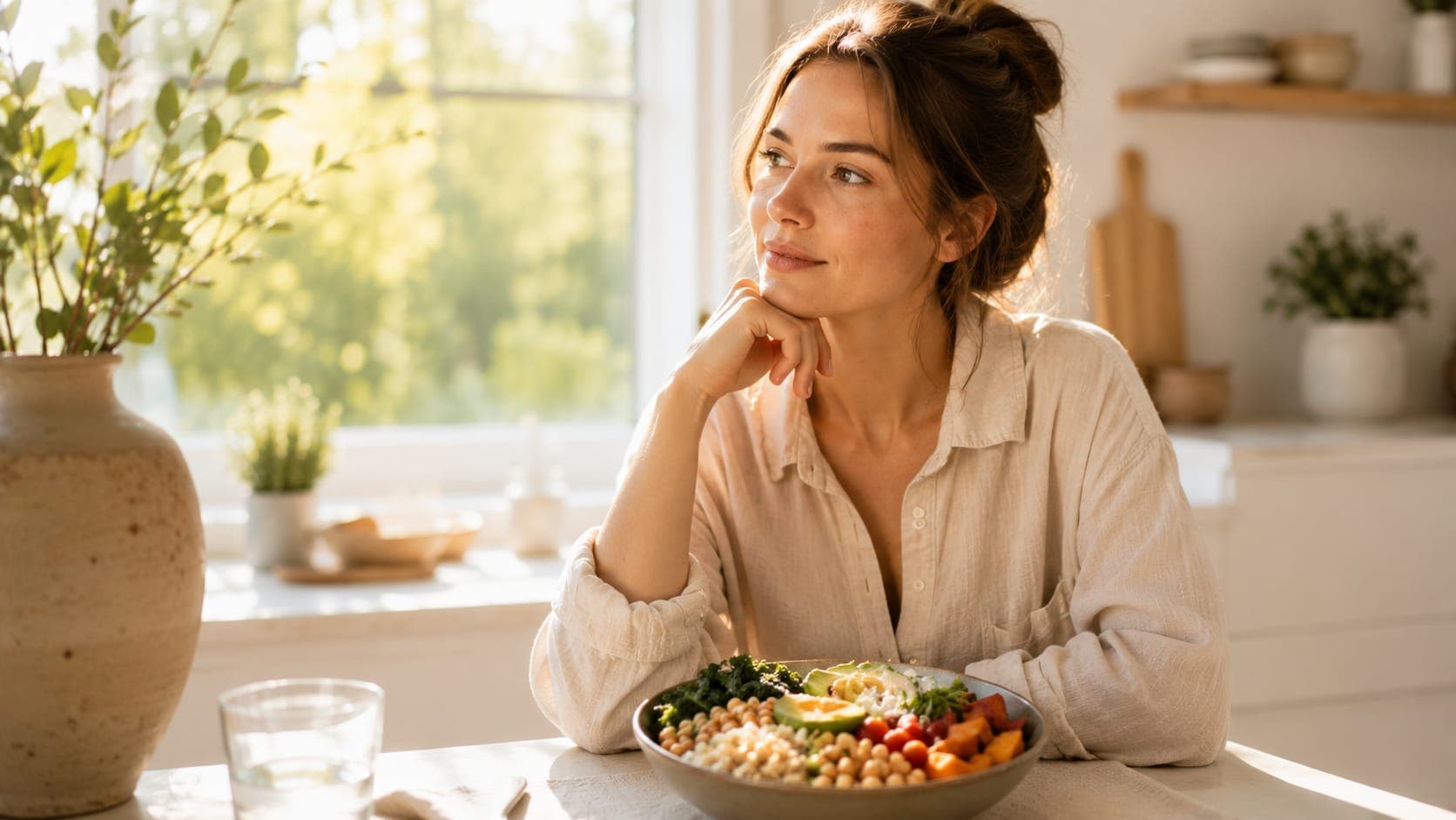 A woman sitting at a bright kitchen table with a colorful bowl of whole foods including chickpeas, avocado and greens in front of her, looking thoughtfully toward a sunlit window, representing awareness of the body's satiety signals