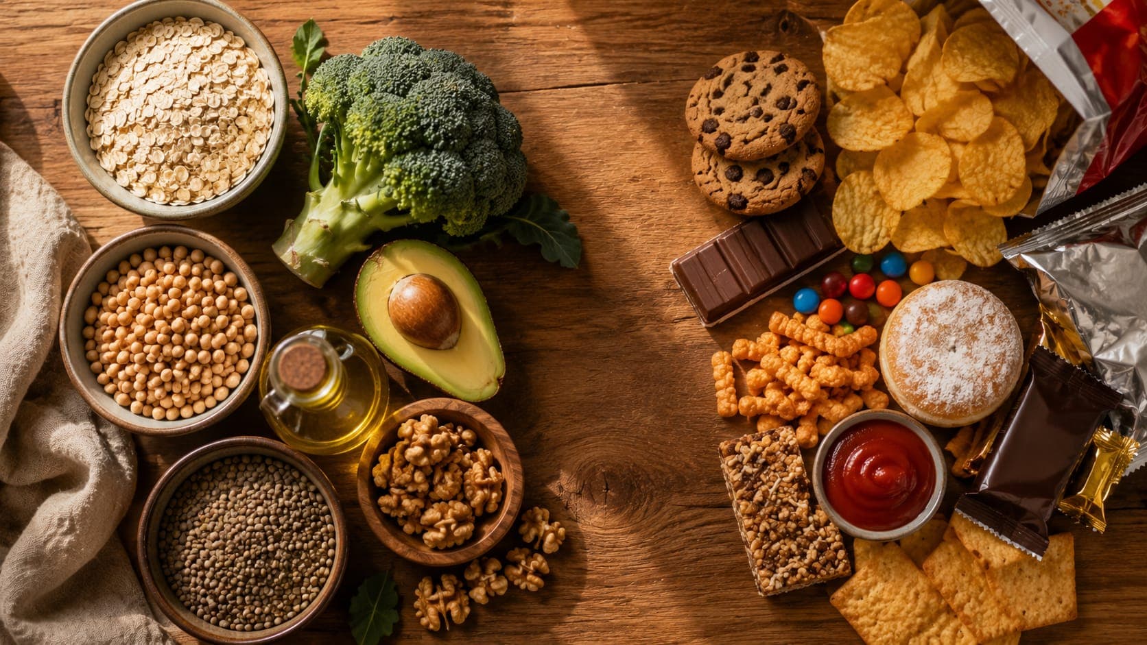Overhead editorial shot contrasting whole foods — oats, chickpeas, avocado, olive oil, broccoli, walnuts, lentils — on one side of a wooden surface against packaged processed snacks on the other, warm directional light