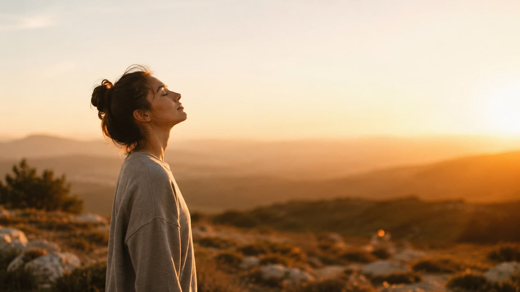 Woman standing outdoors at sunrise, face tilted toward warm golden morning light, eyes closed, relaxed and grounded, mountain landscape in soft focus behind her