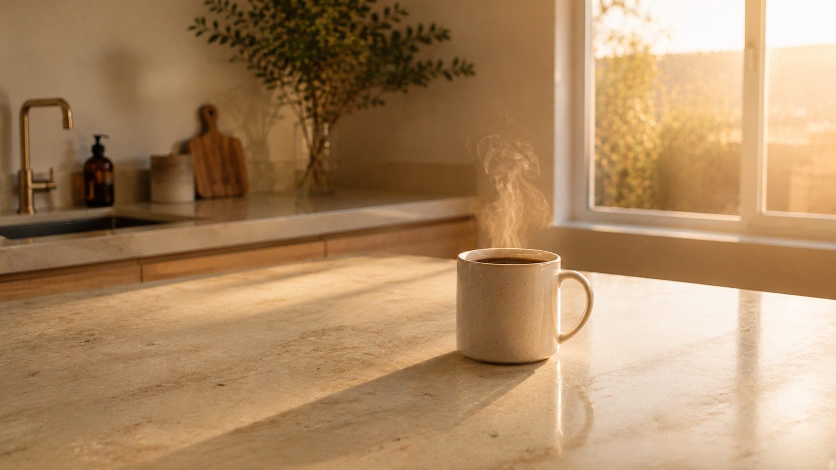 Steaming coffee mug on marble kitchen counter, warm golden early morning light through window, calm minimal scene
