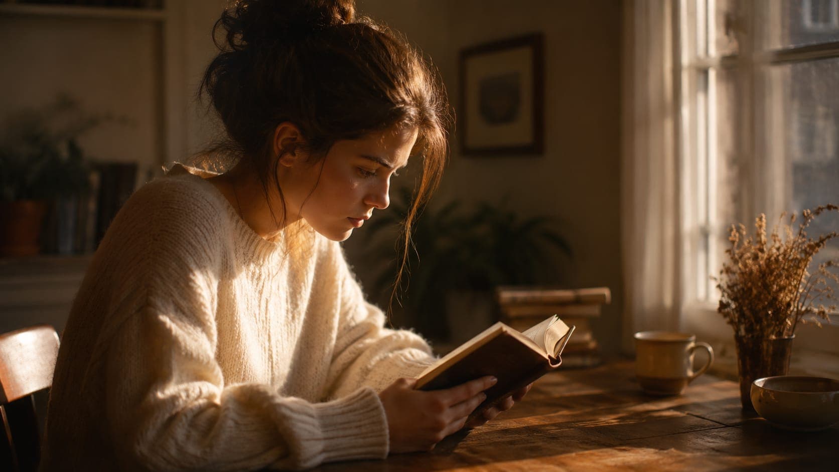 Young woman in a cream knit sweater reading a physical book at a wooden table, fully absorbed, warm golden afternoon sunlight streaming from a side window, no phone visible, dried flowers and a ceramic mug on the table, calm and deeply present atmosphere