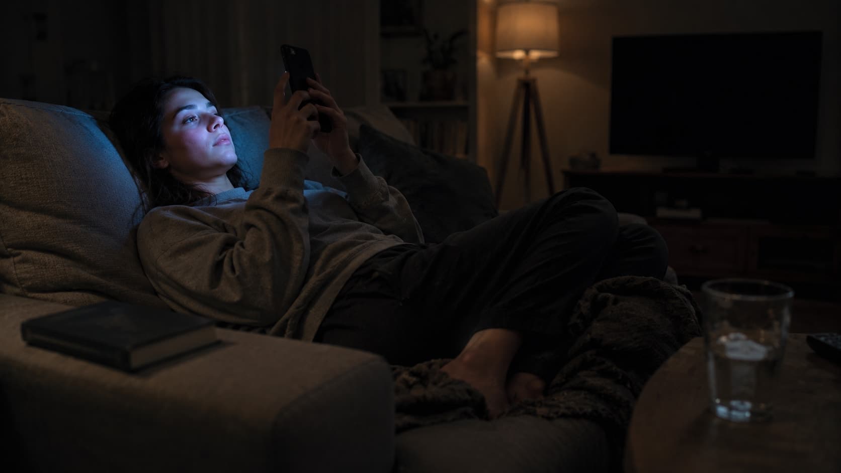 Young woman lying slouched on a grey sofa in a dimly lit living room, holding a smartphone above her face, cold blue screen light illuminating her vacant expressionless face, warm amber lamp light in the background, television switched off, a book left untouched on the armrest beside her