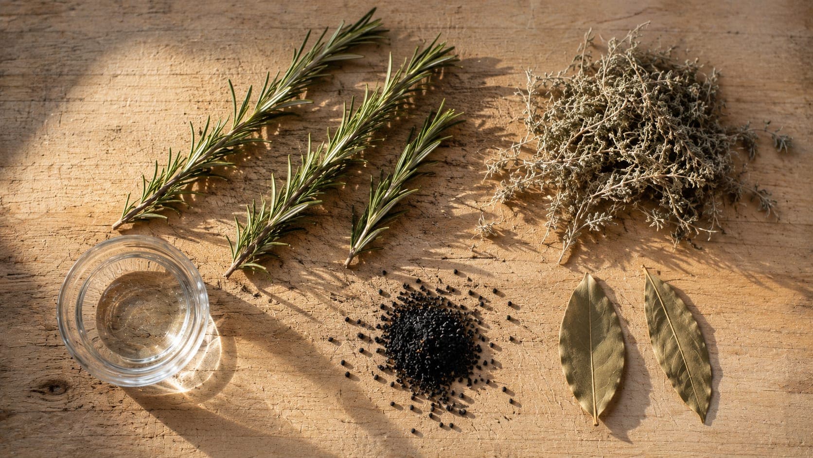 Overhead flat-lay of Moroccan hair rinse ingredients on pale wood — fresh rosemary sprigs, dried wormwood, black seeds, and bay leaves arranged with a glass bowl