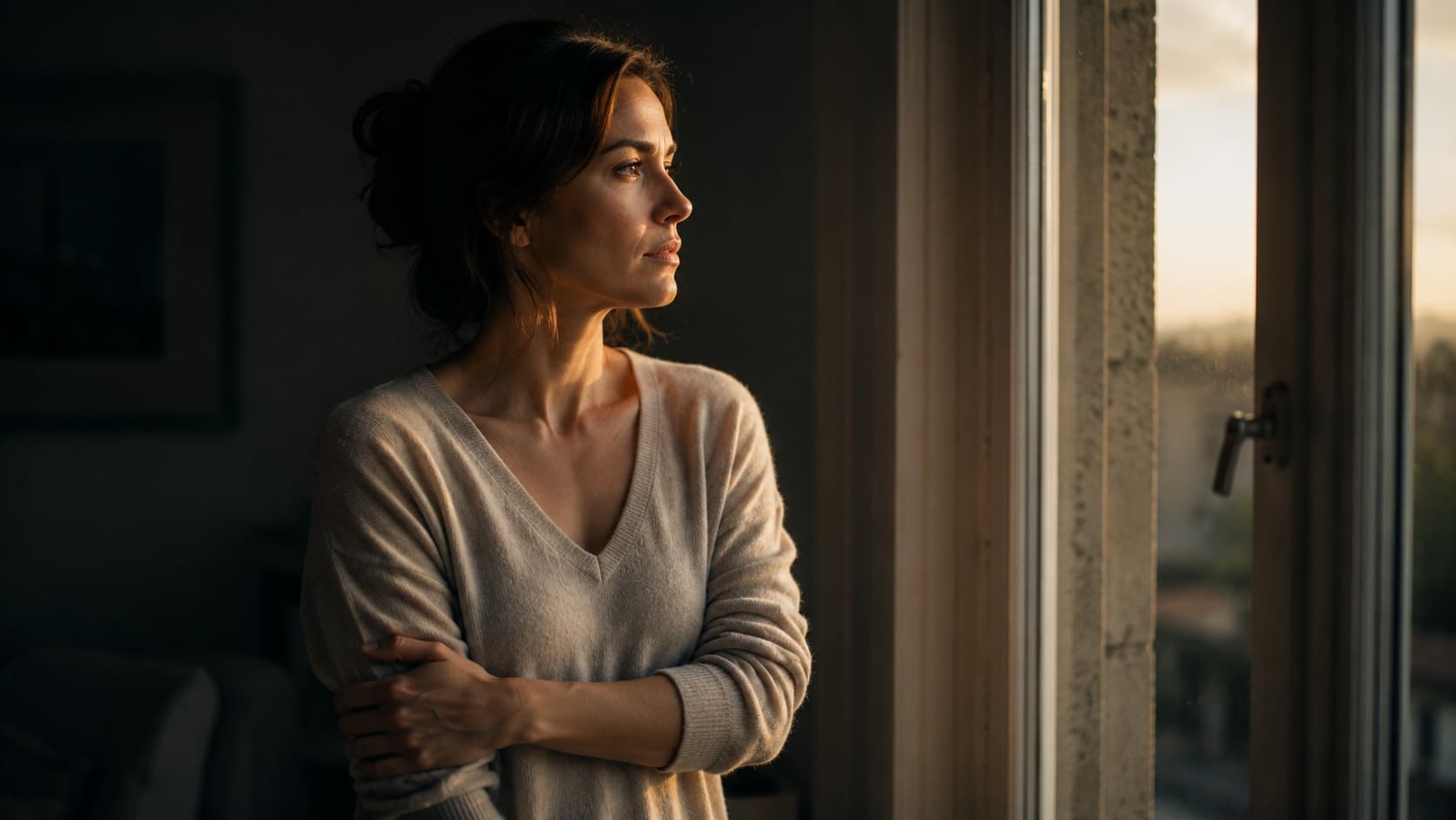 A woman standing alone at a window in warm late-afternoon light, arms held close, looking outward with a calm but inwardly unsettled expression