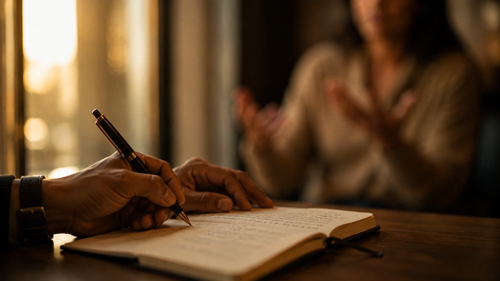 A hand holding a pen and writing in a notebook in sharp focus, while a blurred figure gestures expressively in the background — representing the analytical precision of cognitive empathy