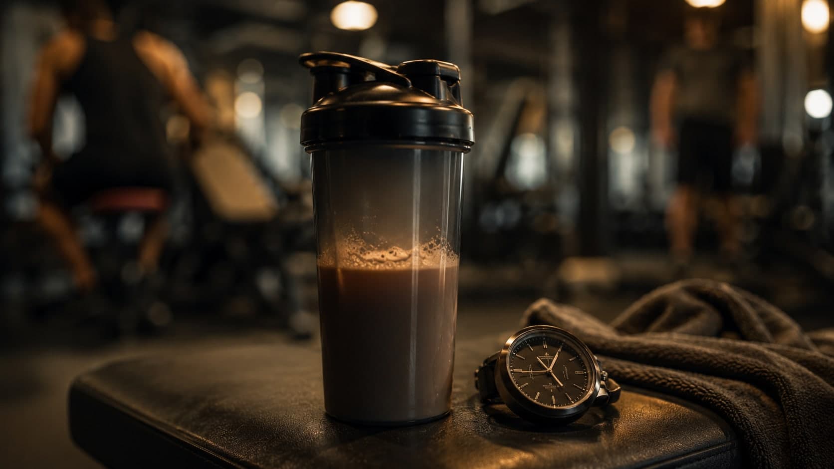 Protein shaker bottle next to an analog watch on a gym bench, suggesting artificial post-workout time pressure