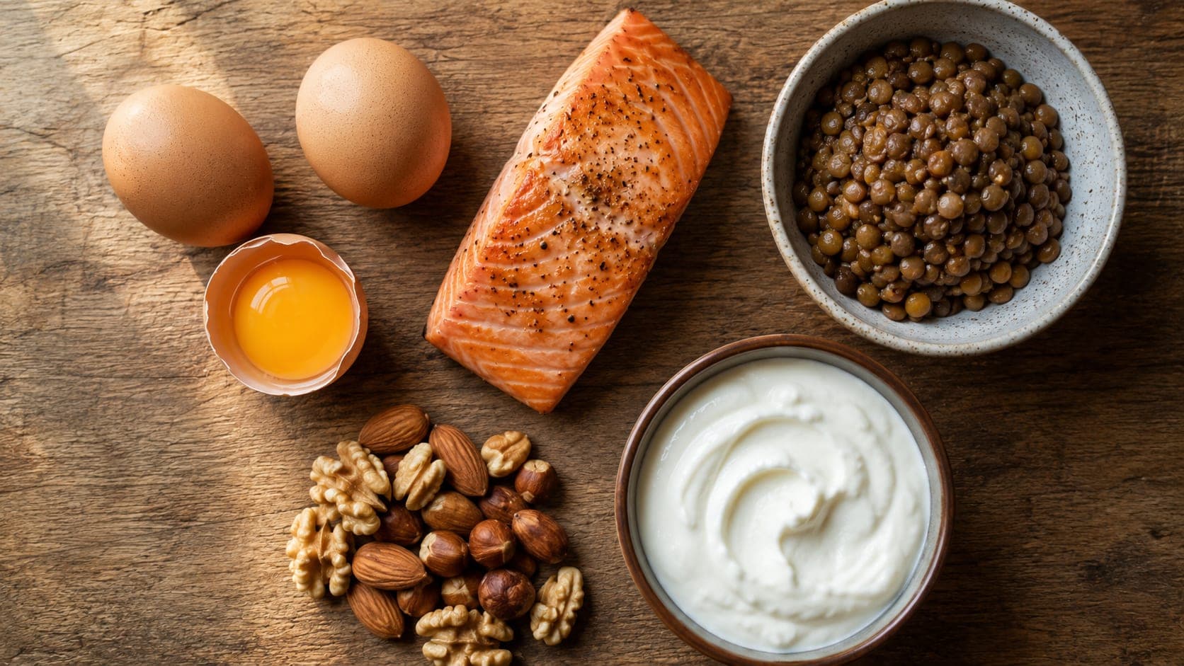 Overhead view of whole food protein sources including salmon, eggs, lentils, Greek yogurt, and mixed nuts arranged on a wooden table