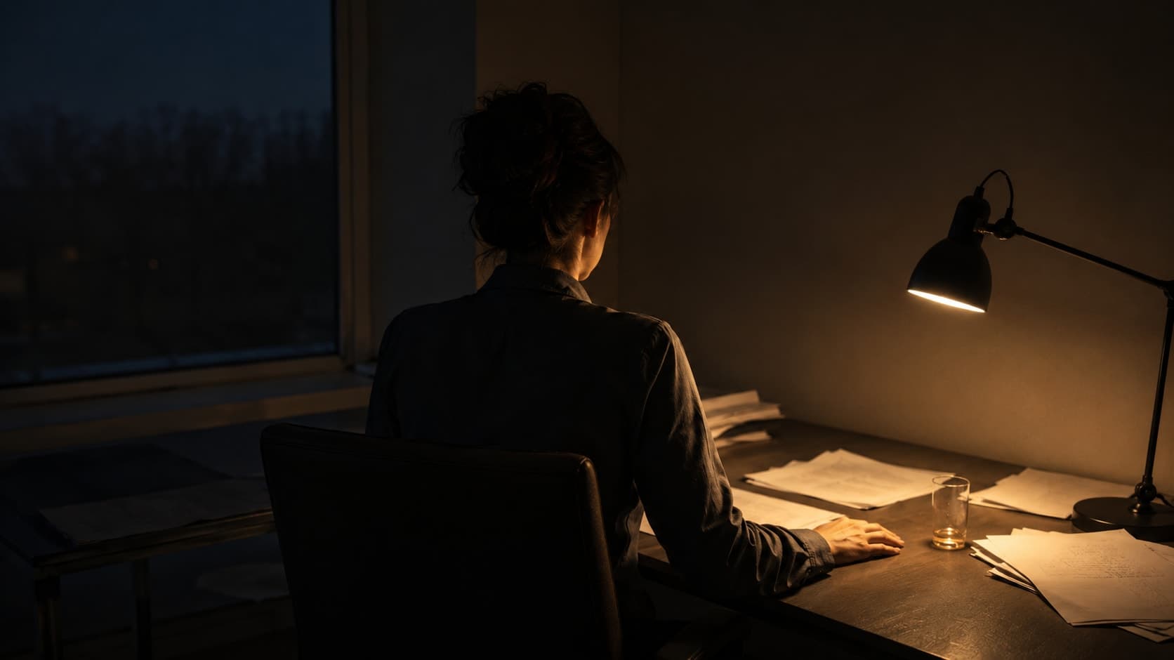 Person sitting alone at a window in early morning light, visibly fatigued after a period of sustained pressure, cup of tea in hand