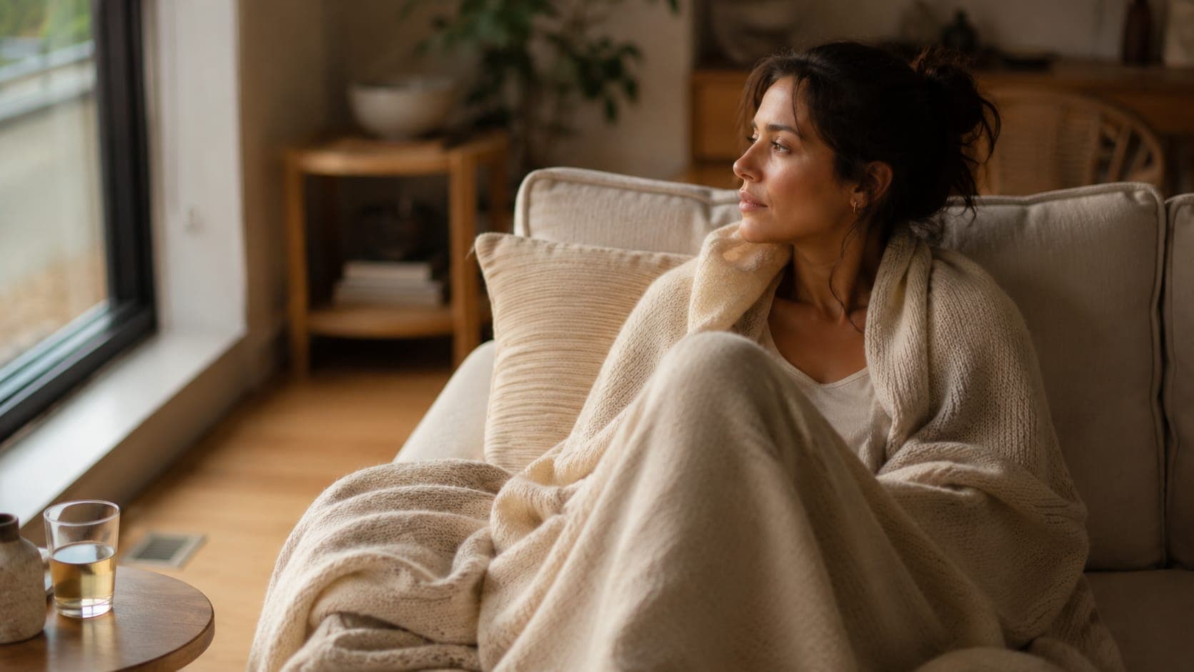 Person resting quietly in warm morning light, wrapped in a blanket by a window, calm expression — the body in recovery