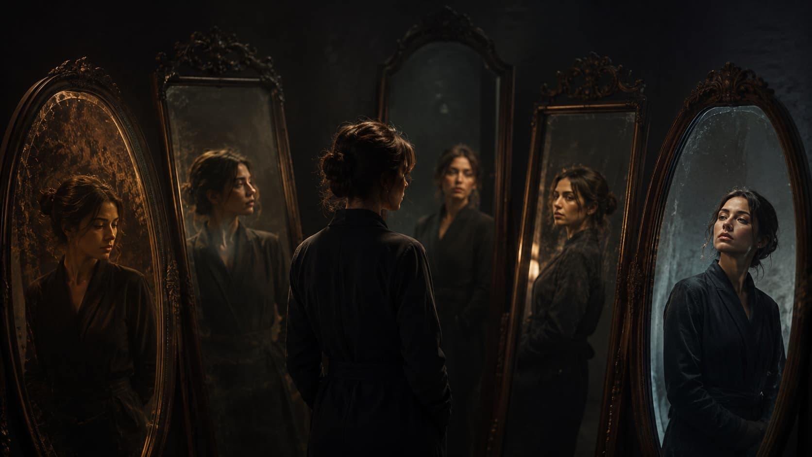 A person standing in a dimly lit room surrounded by large mirrors reflecting different expressions of the same face, illustrating the multiple faces and subtypes of narcissistic personality disorder