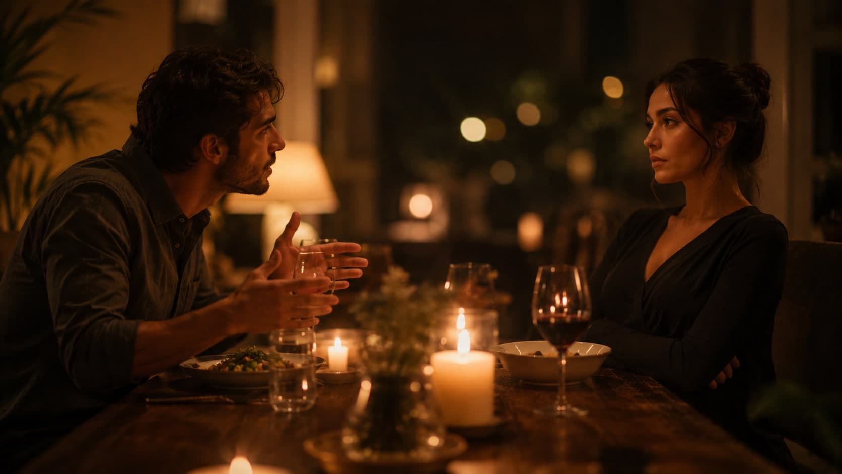 Two people at a candlelit dinner table, one leaning forward speaking with emotional intensity while the other sits back with a carefully neutral expression, illustrating the asymmetry of emotional investment in relationships shaped by narcissistic dynamics