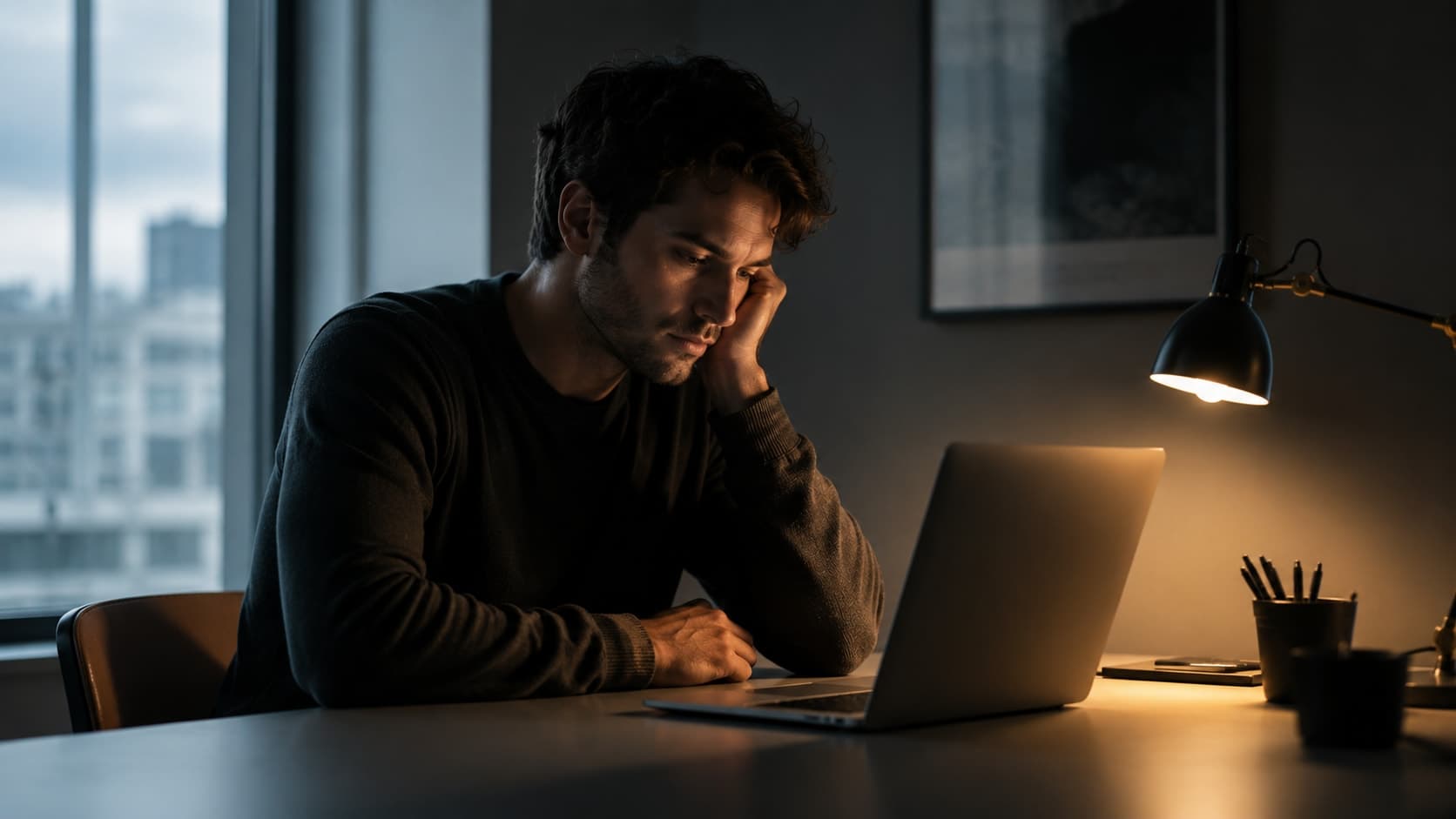 Man sitting at a desk in a dark room under a single lamp, hands resting but not working, illustrating the brain's avoidance state before task engagement
