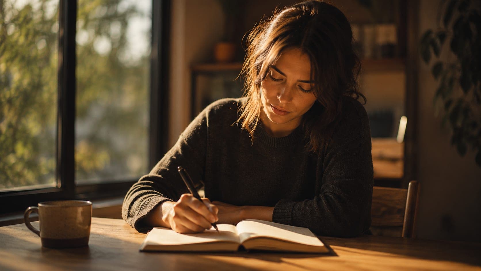Woman writing calmly in a notebook by a window in warm golden morning light, representing sustainable engagement after understanding the emotional root of procrastination