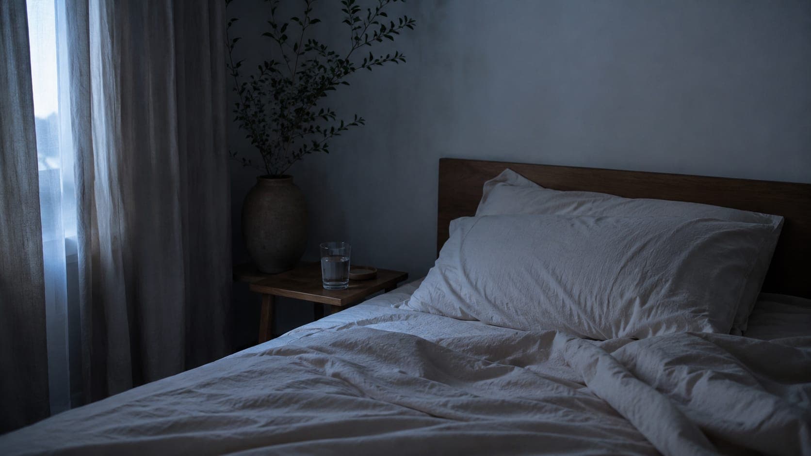 Calm minimalist bedroom in early dawn light with cream linen and soft blue-grey tones, representing a sleep environment that supports thermal cooling and arousal reduction