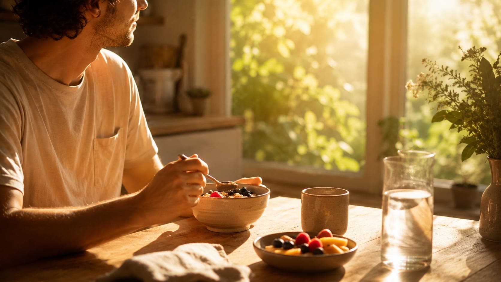 Person eating a nutritious breakfast in warm morning light at a kitchen table, representing circadian-aligned eating for metabolic health