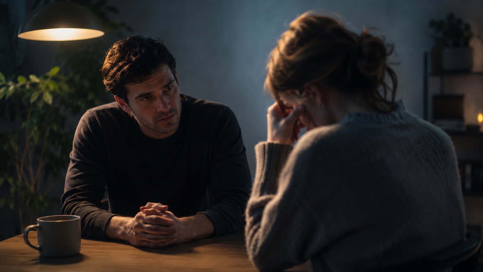 Man sitting composed and attentive across from a distressed woman at a table in dim interior lighting, illustrating the power dynamic in covert narcissism