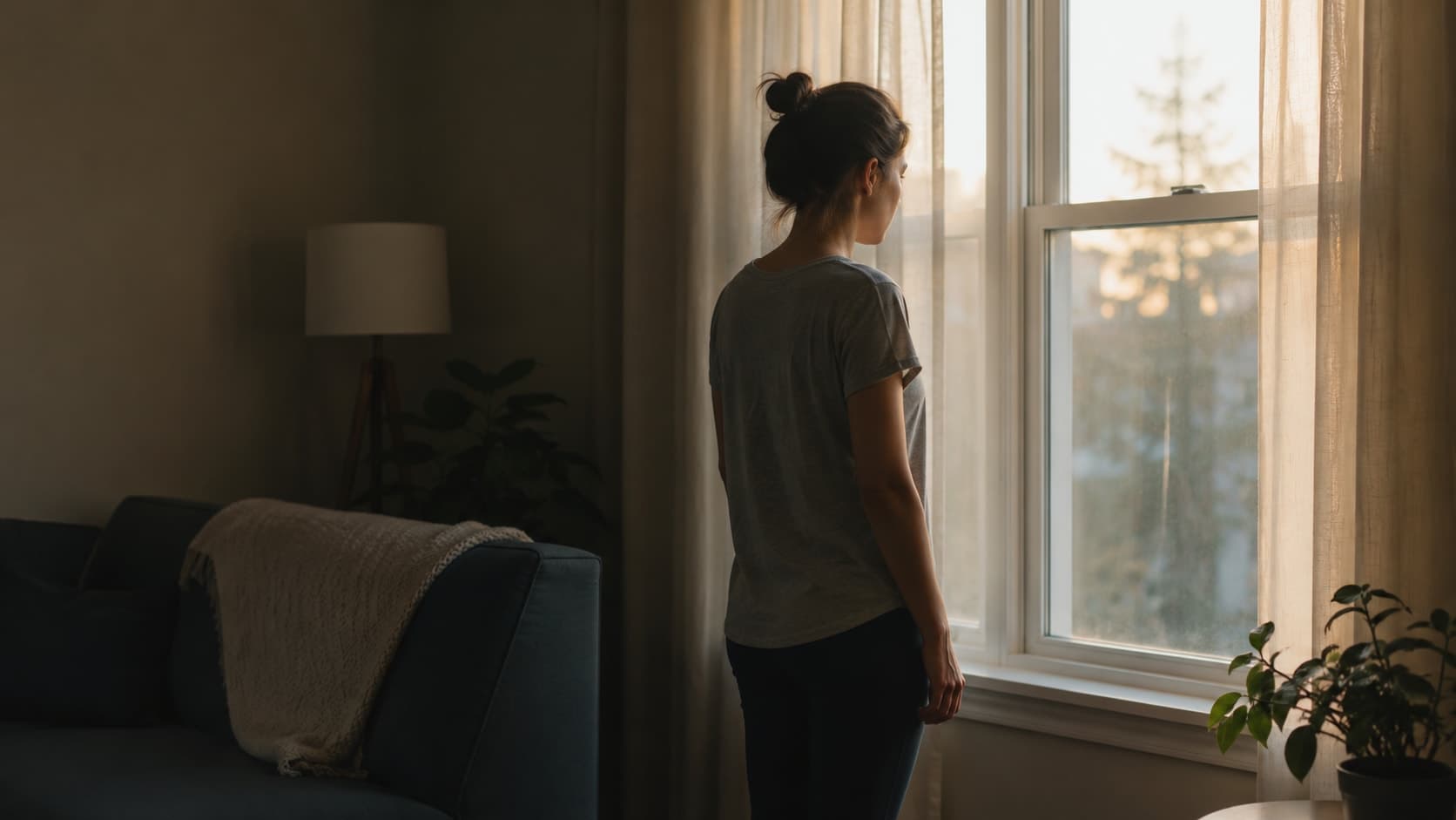 Woman standing alone at a window in warm morning light looking outward, conveying quiet emotional exhaustion after a covert narcissistic relationship