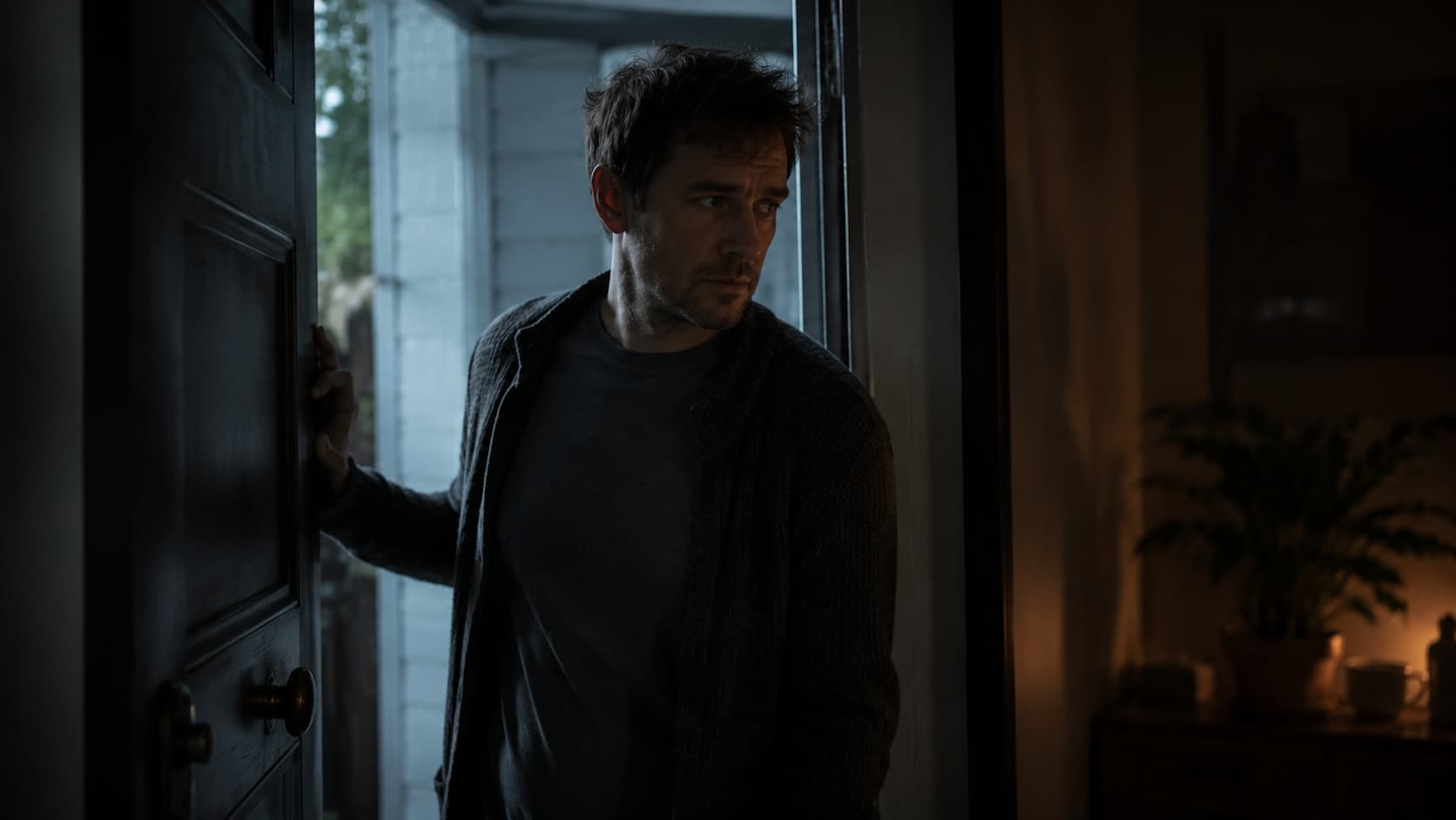 A person standing at a doorway with one hand on the frame looking back into a room, representing the physiological difficulty of leaving a trauma bond