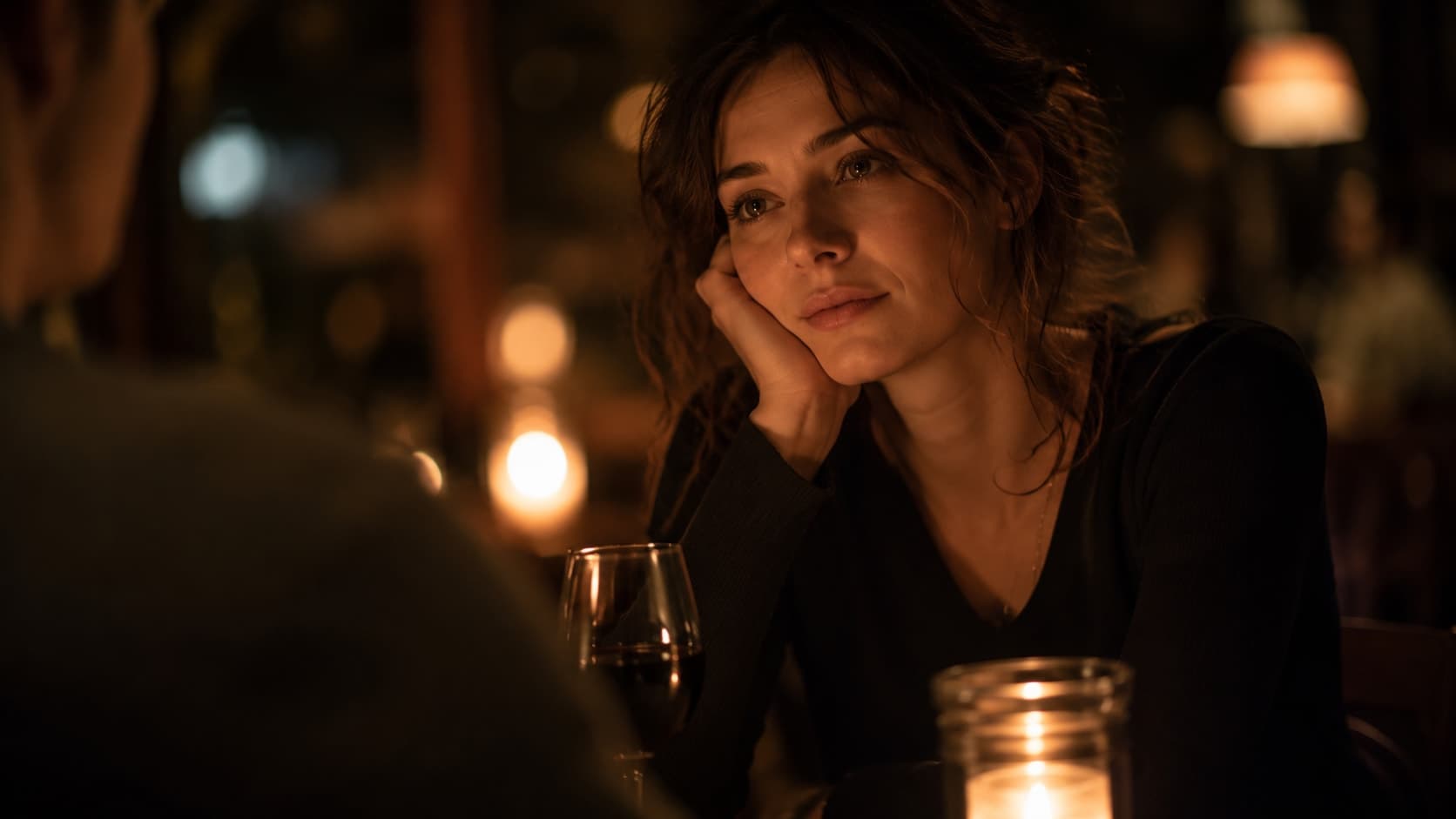 A woman sitting at a table with an expression of complete absorption, representing the neurological state of early romantic attachment when prefrontal judgment is suppressed