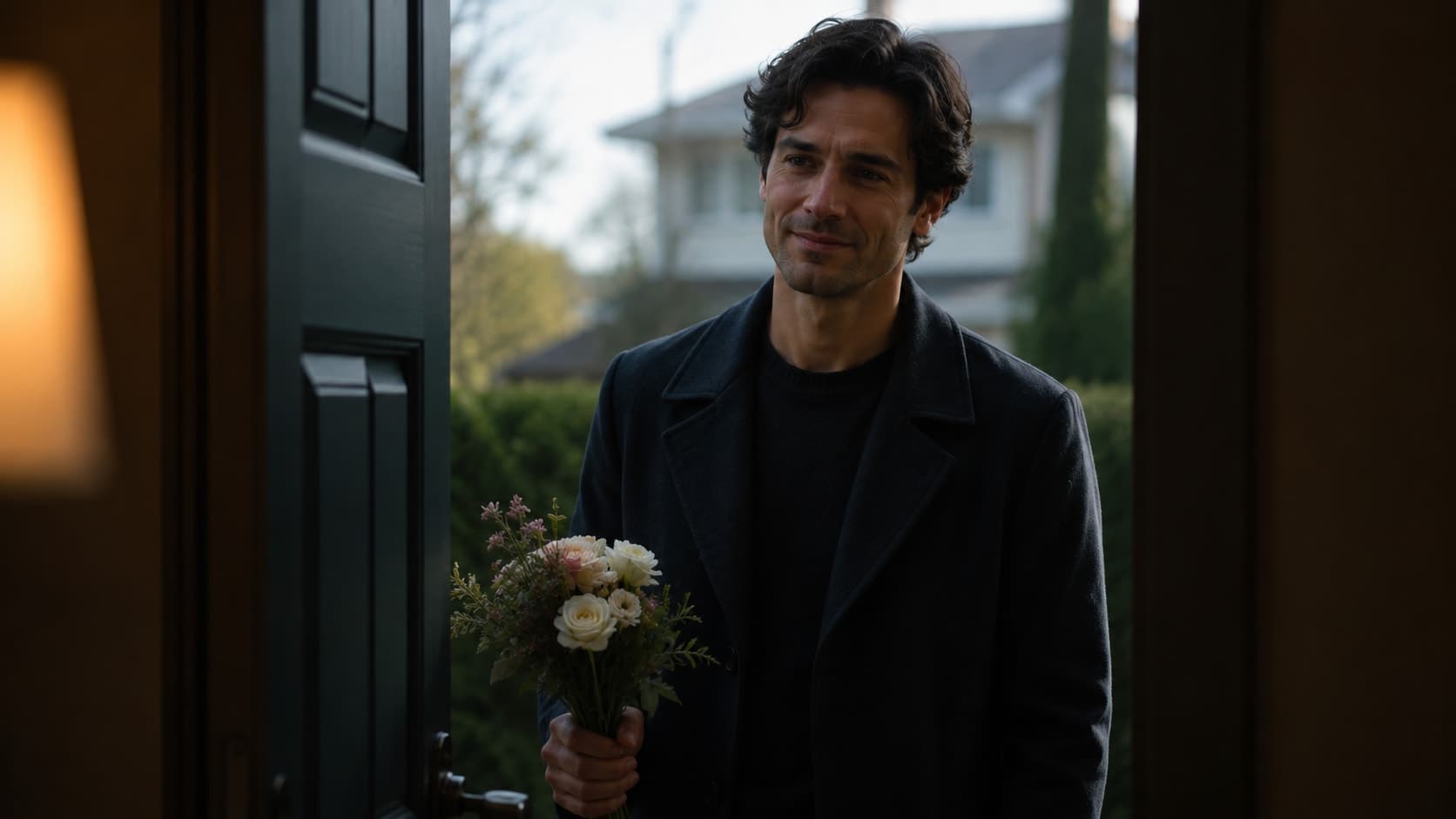 A person standing at a doorstep holding flowers, expression warm but with something unreadable underneath, representing the hoovering phase when apparent sweetness serves supply restoration rather than genuine repair