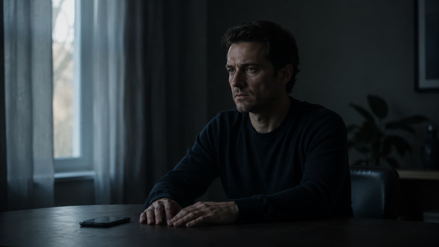A man sitting very still in a dim room, expression neutral but posture communicating controlled intensity, representing the cold calculated form of narcissistic rage rather than visible explosive anger