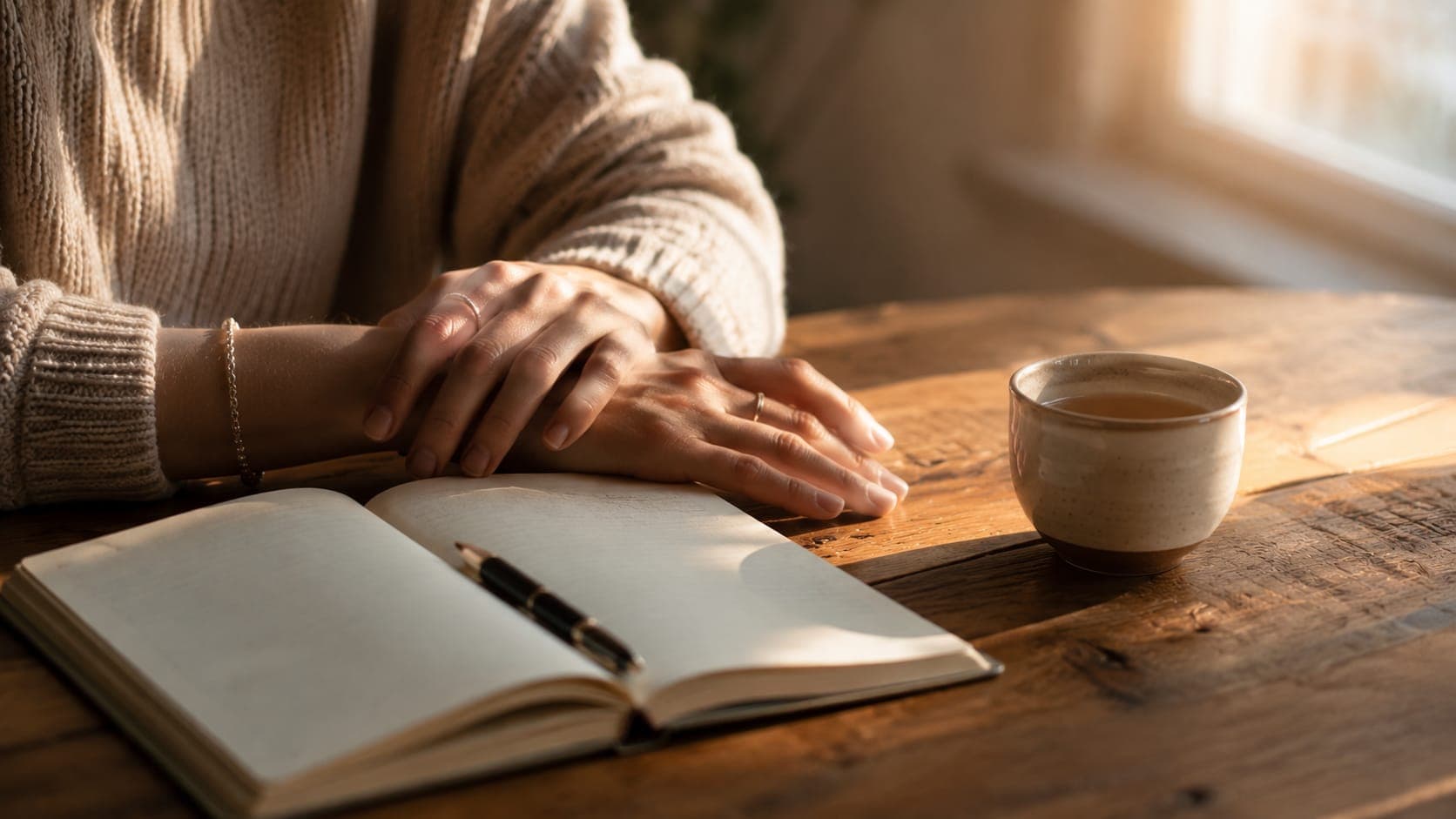 Close-up of hands at rest on a wooden table near a window, open journal and tea nearby, early morning light — the quiet practice of rebuilding