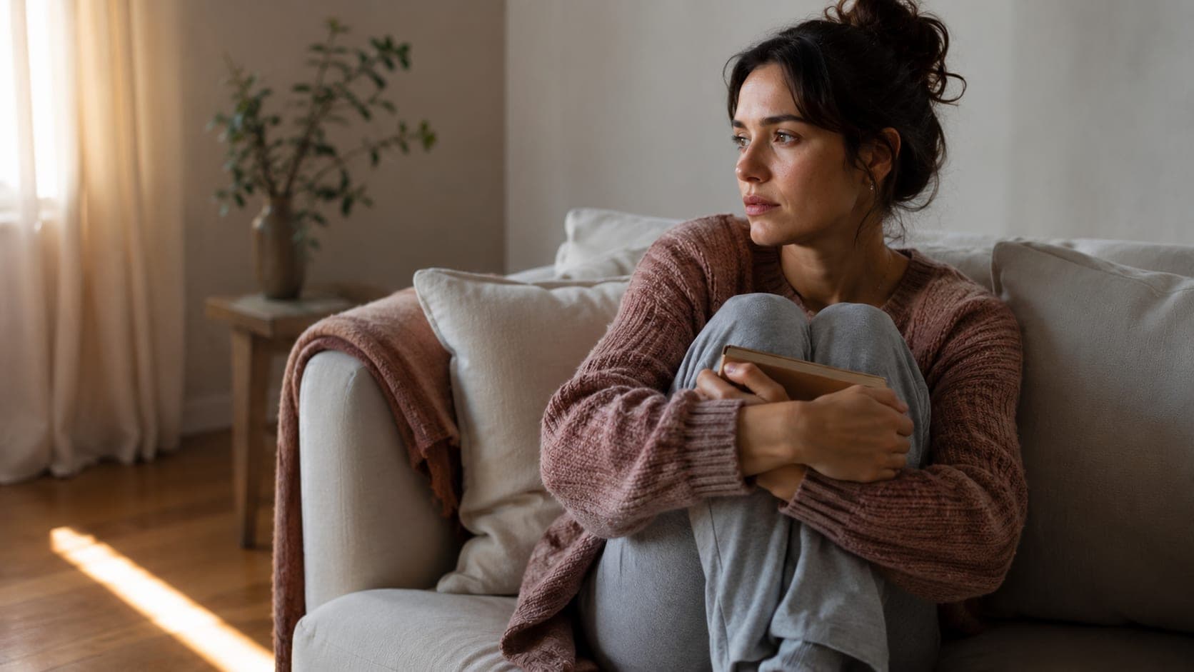 Woman sitting alone near a window at dawn, hands wrapped around a mug, gaze unfocused — the quiet aftermath of leaving a damaging relationship