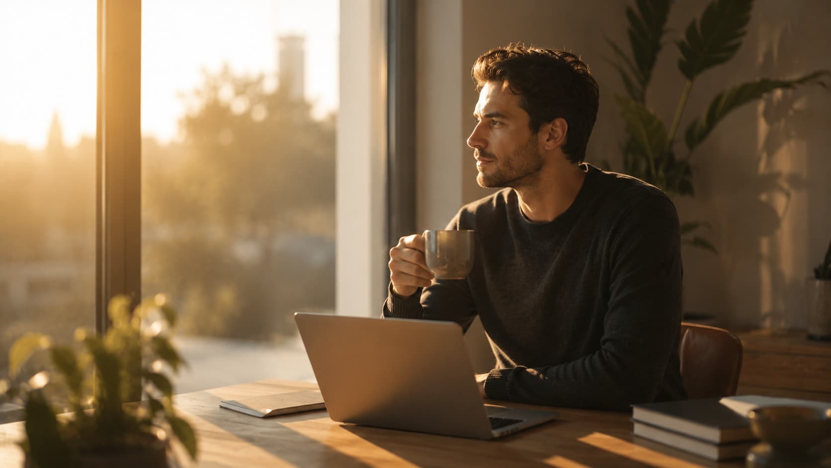 Man in his early 30s at a wooden desk near a window, early morning golden light, alert and focused, warm amber tones, shallow depth of field, editorial photography