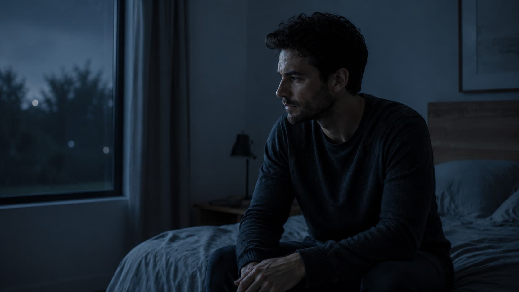 Woman in her early 30s sitting awake in a dark bedroom at night, cool blue-grey ambient light from a window, tired expression, cinematic editorial photography