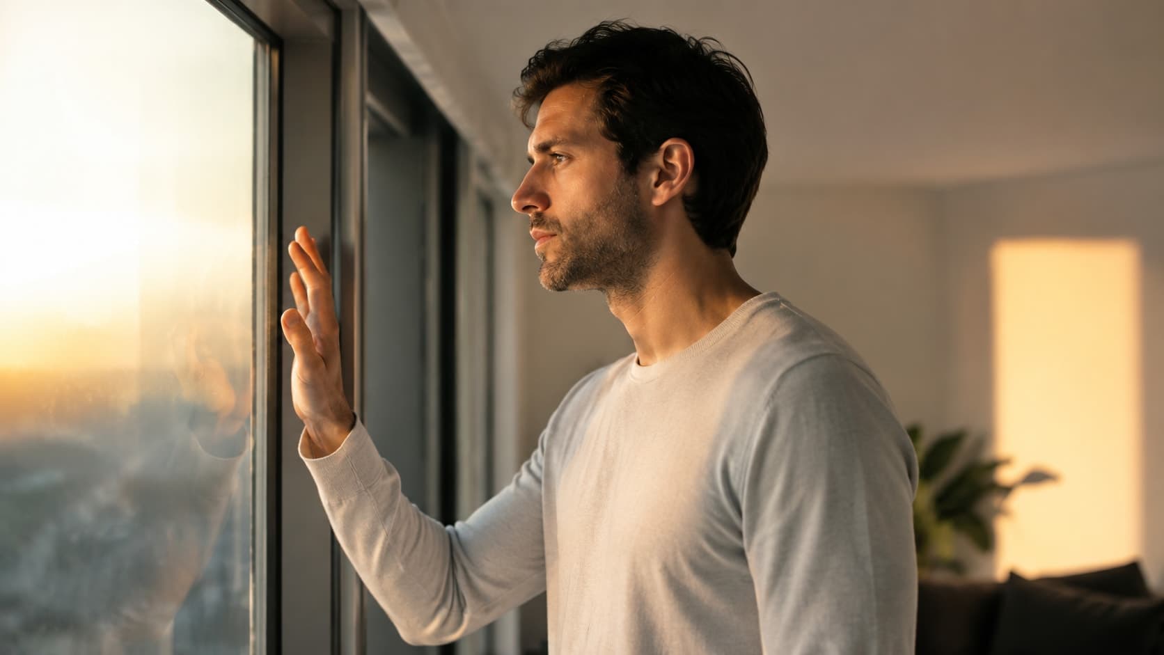 Man in his early 30s standing at a window in warm morning light, calm and present, looking outward, editorial photography, warm golden tones