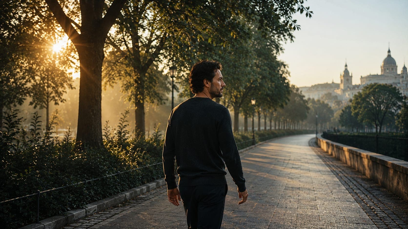 Man in his early 30s walking on a tree-lined path in early morning golden light, forward-facing, representing the neuroplasticity recovery process through consistent behavioral change