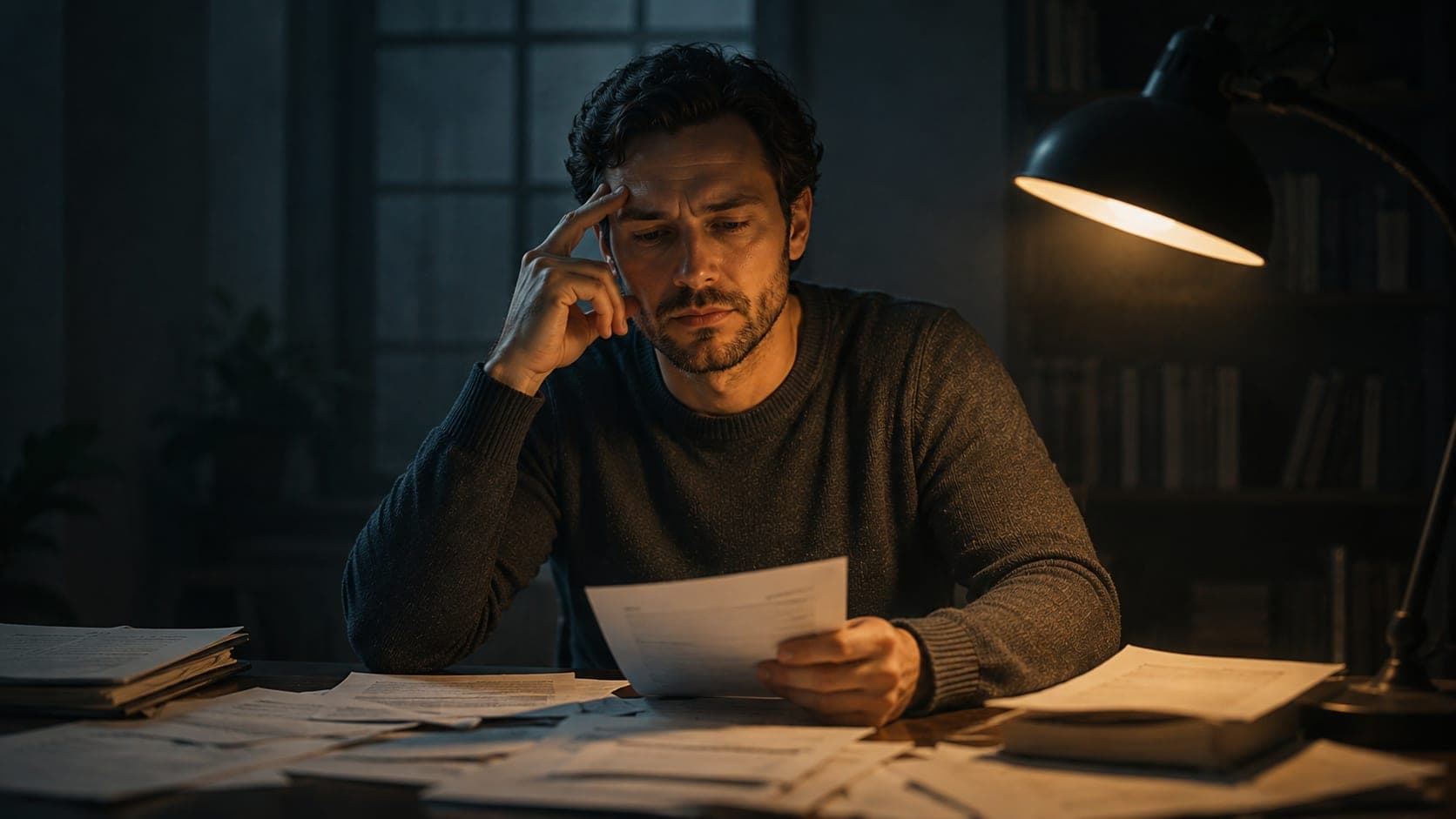 Man in his early 30s sitting at a desk with scattered papers, one hand at his temple, eyes slightly unfocused, representing the cognitive fog produced by chronic cortisol exposure