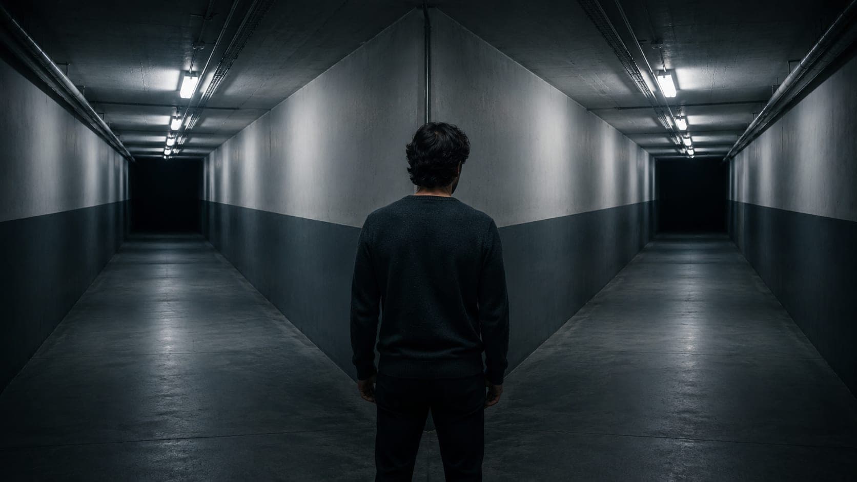Man in his early 30s standing at a dimly lit corridor fork looking uncertain, representing the shift from deliberate prefrontal decision-making to reactive amygdala-driven responses under chronic cortisol elevation