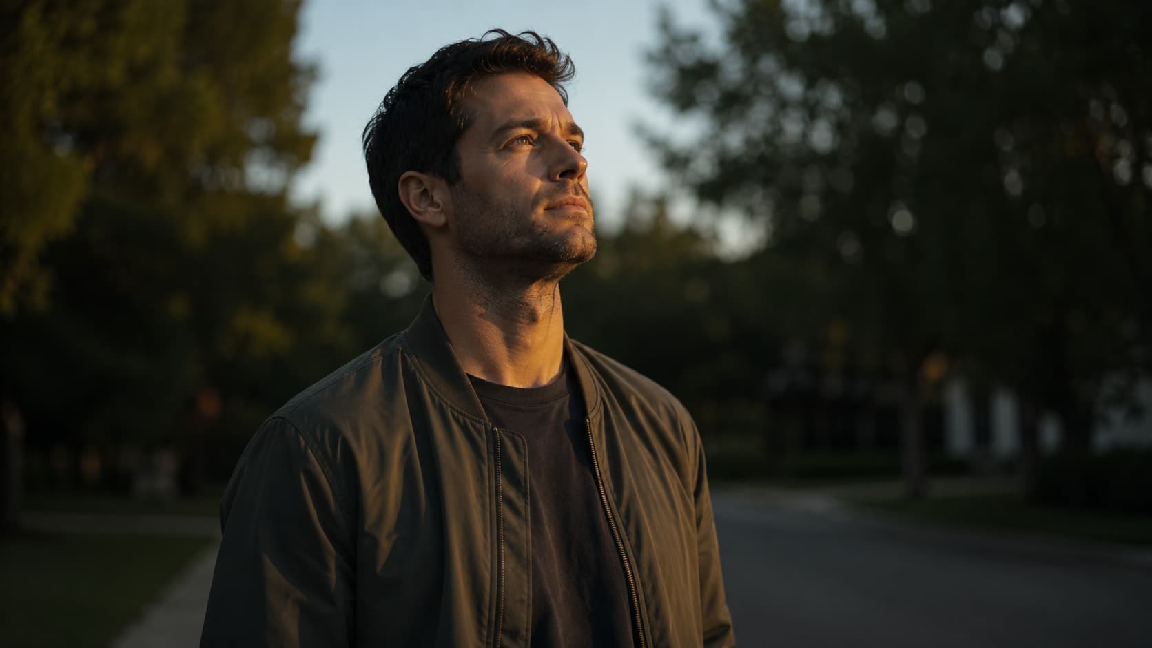 Man in his early 30s standing outdoors in early morning golden light, face slightly raised toward the light, representing the morning light protocol that re-anchors the cortisol awakening response