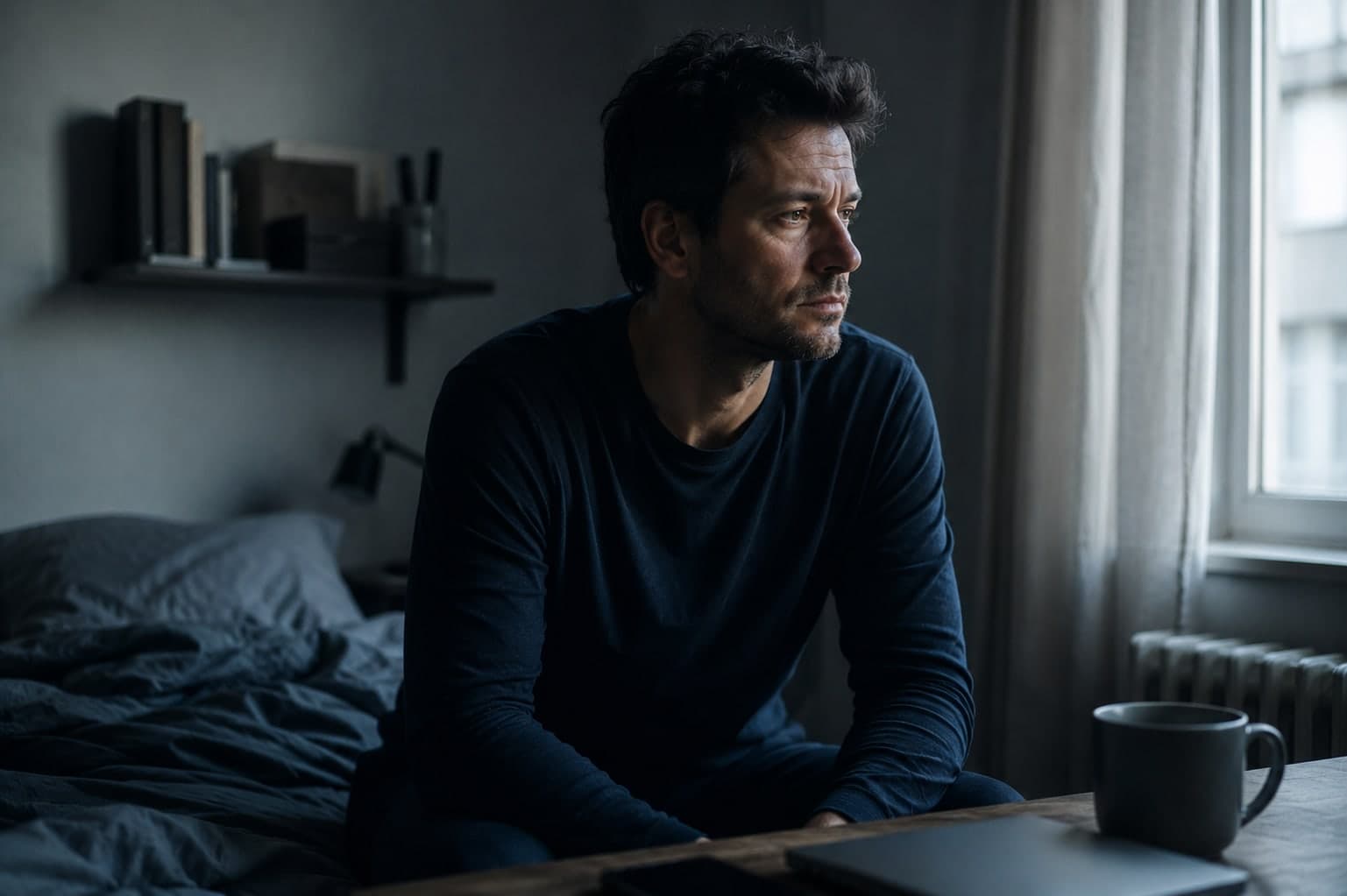 Man in subdued morning light, posture heavy and inward, conveying the weight of chronic stress-driven hormonal depletion