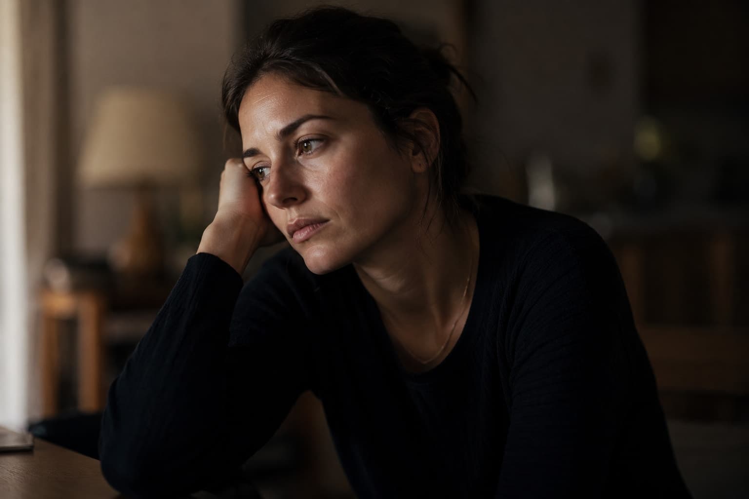 Woman in quiet domestic setting with thoughtful distant expression, conveying the invisible experience of stress-driven hormonal disruption