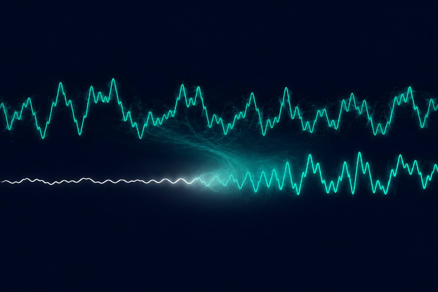 Scientific visualization of two biological cortisol waveforms synchronizing — one elevated pattern entraining a second into the same dysregulated rhythm