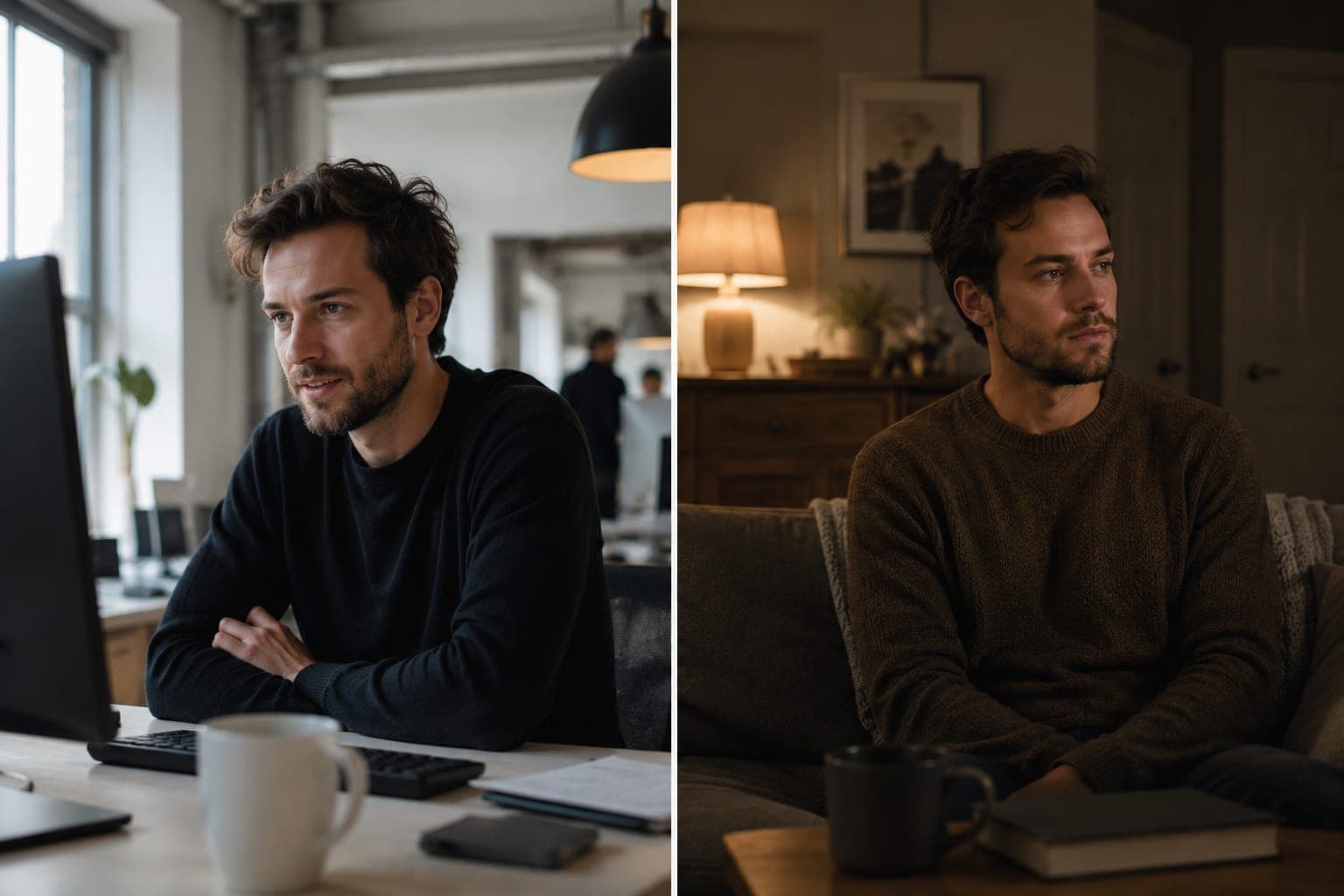 A man in his early 30s in warm professional lighting, engaged and open with colleagues in a workplace setting, contrasted against the same man in dim home lighting with closed, withdrawn body language